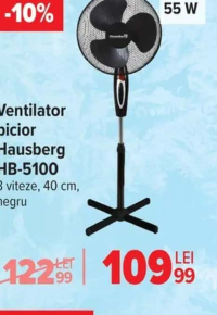 Hausberg Ventilator picior HB-5100 3 viteze, 40 cm, negru 55 W