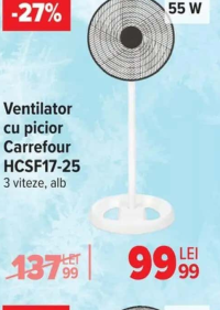 Carrefour Ventilator cu picior HCSF17-25 3 viteze, alb 55 W