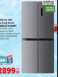 Side by side cu 4 uși Arctic AMD421E4NMT, NO FROST, 421 L, Compresor Silent Inverter, Display cu tou