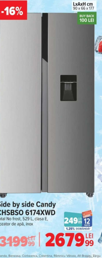 Candy Side by side CHSBSO 6174XWD Total No frost, 529 L, clasa E, dozator de apă, inox