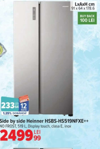 Side by side Heinner HSBS-HS519NFXE++, NO FROST, 519 L, Display touch, clasa E, inox