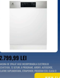 ELECTROLUX MASINA DE SPALAT VASE INCORPORABILA EES47310IX, 13 SETURI, 8 PROGRAME, AIRDRY, AUTOSENSE,
