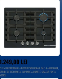 BOSCH PLITA INCORPORABILA PNP6B6K40, GAZ, 4 ARZATOARE, OPRIRE DE SIGURANTA, SUPRAFATA QUARTZ, GRATAR