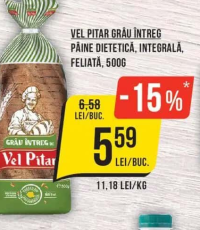 Vel Pitar Grâu Întreg Pâine Dietetică Integrală Feliată 500g