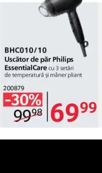 Philips BHC010/10 Uscător de păr EssentialCare cu 3 setări de temperatură și mâner pliant