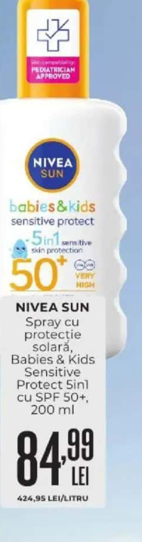 NIVEA SUN Spray cu protecție solară, Babies & Kids Sensitive Protect 5în1 cu SPF 50+, 200 ml