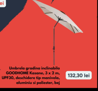 GOODHOME Umbrela gradina inclinabila Kasane, 3 x 2 m, UPF30, deschidere tip manivela, aluminiu si po