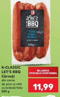 K-Classic Let's BBQ Cârnați din carne de porc și vită cu brânză feta 225 g