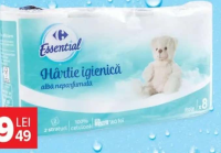 Hârtie igienică albă, Carrefour Essential, 8 role, 2 straturi