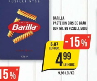 BARILLA PASTE DIN GRIȘ DE GRÂU DUR NR. 98 FUSILLI, 500G