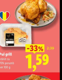 Pui grill hrănit cu 70% porumb per 100 g