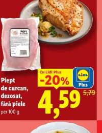 Piept de curcan, dezosat, fără piele per 100 g