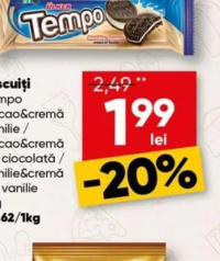 Tempo Biscuiți cacao&cremă vanilie / cacao&cremă de ciocolată / vanilie&cremă de vanilie 61g