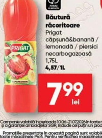 Prigat Băutură răcoritoare căpșună & banană / lemonadă / piersici necarbogazoasă 1,75L