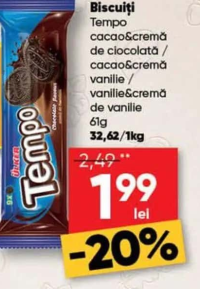 Biscuiți Tempo cacao&cremă de ciocolată / cacao&cremă vanilie / vanilie&cremă de vanilie 61g