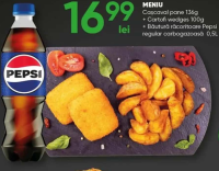 Meniu Cașcaval pane 136g + Cartofi wedges 100g + Băutură răcoritoare Pepsi regular carbogazoasă 0.5L