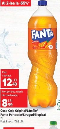 Coca-Cola Original/Lămâie/Fanta Portocale/Struguri/Tropical 2 L