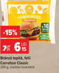Brânză topită felii Carrefour Classic cheddar/smântână 200g