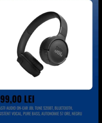 JBL CASTI AUDIO ON-EAR JBL TUNE 520BT, BLUETOOTH, ASISTENT VOCAL, PURE BASS, AUTONOMIE 57 ORE, NEGRU