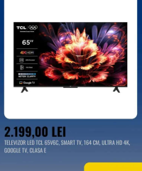 TCL TELEVIZOR LED TCL 65V6C, SMART TV, 164 CM, ULTRA HD 4K, GOOGLE TV, CLASA E