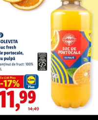 Solevita Suc fresh de portocale, cu pulpă 1L