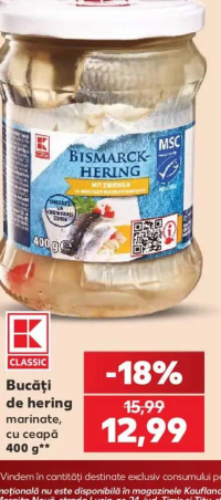K-CLASSIC Bucăți de hering marinate, cu ceapă 400 g