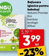 Nature's Promise Eco Bețișoare igienice pentru bebeluși bumbac ecologic 60buc