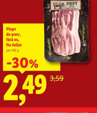 Piept de porc, fără os, fin feliat per 100 g