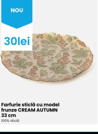 Farfurie sticlă cu model frunze CREAM AUTUMN 33 cm 100% sticlă