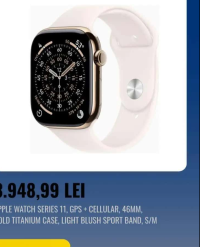 APPLE WATCH SERIES 11, GPS + CELLULAR, 46MM, GOLD TITANIUM CASE, LIGHT BLUSH SPORT BAND, S/M