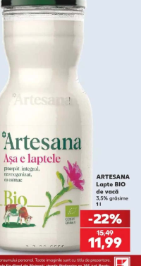 ARTESANA Lapte BIO de vacă 3,5% grăsime 1 l