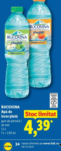 BUCOVINA Apă de izvor plată gust de piersică / de măr 1,5 L