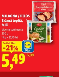 MILBONA / PILOS Brânză topită felii diverse sortimente 200 g