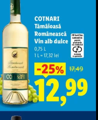 COTNARI Tămâioasă Românească Vin alb dulce 0,75 L