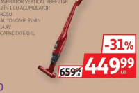 BOSCH ASPIRATOR VERTICAL BBHF214R 2 ÎN 1 CU ACUMULATOR ROȘU AUTONOMIE 35MIN 14.4V CAPACITATE 0.4L