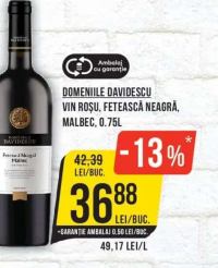 DOMENIILE DAVIDESCU VIN ROȘU, FETEASCĂ NEAGRĂ, MALBEC, 0.75L