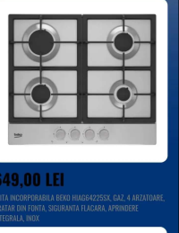 BEKO PLITA INCORPORABILA HIAG64225SX, GAZ, 4 ARZATOARE, GRATAR DIN FONTA, SIGURANTA FLACARA, APRINDE