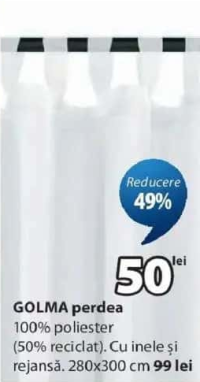 GOLMA perdea 100% poliester 50% reciclat cu inele și rejansă 280x300 cm