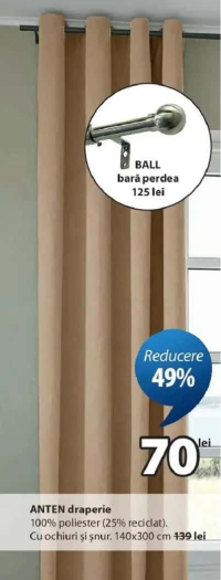 ANTEN draperie 100% poliester 25% reciclat cu ochiuri și șnur 140x300 cm