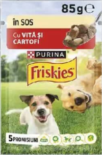 Friskies Hrană umedă pentru câini cu vită și cartofi 85g