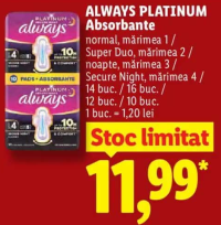 Always Platinum Absorbante diverse sortimente 10-16 buc.