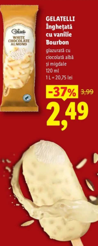 Gelatelli Înghețată cu vanilie Bourbon glazurată cu ciocolată albă și migdale 120 ml