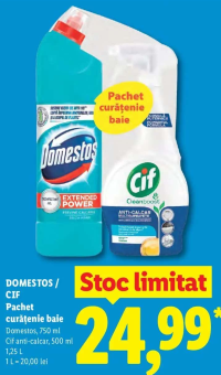 DOMESTOS / CIF Pachet curățenie baie (Domestos 750 ml + Cif anti-calcar 500 ml) 1,25 L