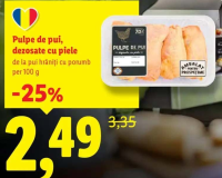 Pulpe de pui, dezosate cu piele de la pui hrăniți cu porumb per 100 g