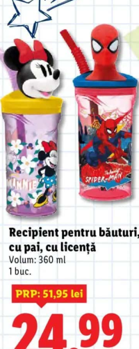 Recipient pentru băuturi, cu pai, cu licență 360 ml