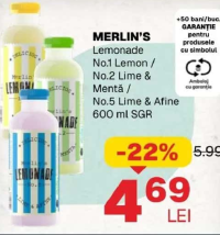MERLIN'S Lemonade No.1 Lemon / No.2 Lime & Mentă / No.5 Lime & Afine 600 ml SGR