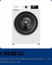 HEINNER MASINA DE SPALAT RUFE HWM-H7014IVSMC+++, 7 KG, 1400 RPM, CLASA C, ALB