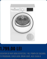 BEKO USCATOR DE RUFE B3T67230, 7 KG, POMPA DE CALDURA, 15 PROGRAME, CHILD LOCK, DRUM LIGHT, ALB, CLA