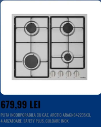 ARCTIC PLITA INCORPORABILA CU GAZ ARAGN64223SXO, 4 ARZATOARE, SAFETY PLUS, CULOARE INOX