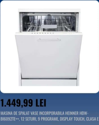 HEINNER MASINA DE SPALAT VASE INCORPORABILA HDW-BI6092TE++, 12 SETURI, 9 PROGRAME, DISPLAY TOUCH CON